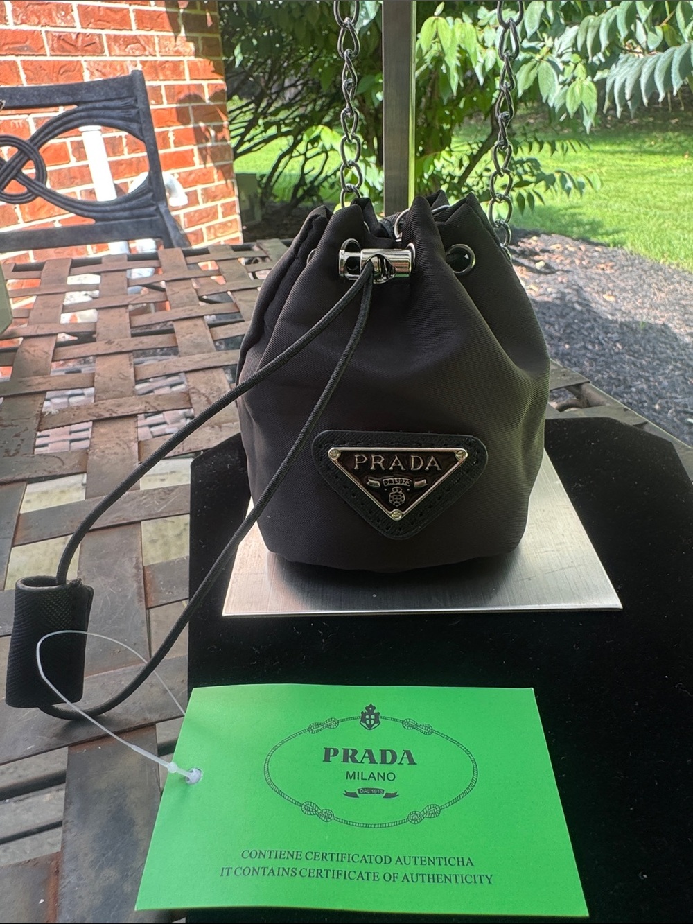 Bag Black Nylon Mini Drawstring Bucket Bag with Chain Strap